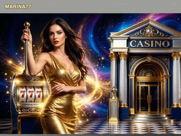 Banner promo kasino bernuansa emas dan mesin slot