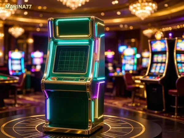 Deretan mesin slot dengan layar berwarna neon